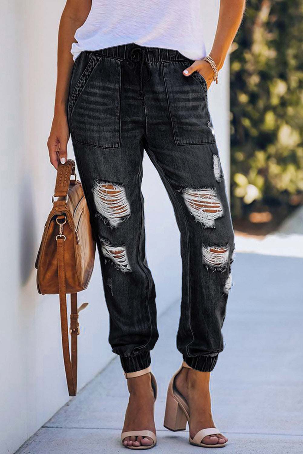 Distressed pocketed denim sales joggers